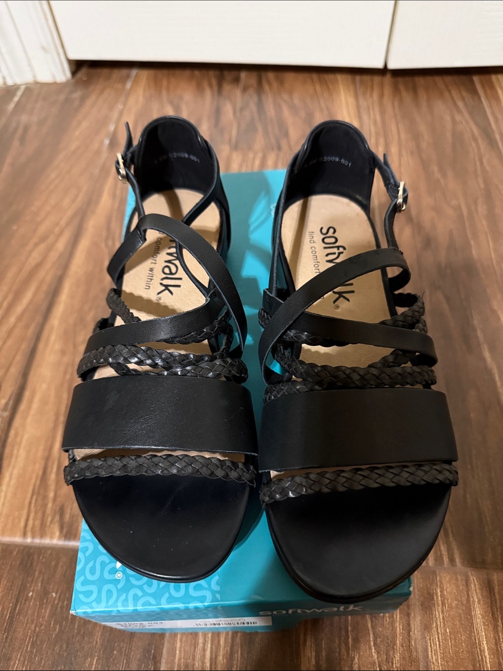 SoftWalk Black Braided Strappy Sandals with Ankle Buckle